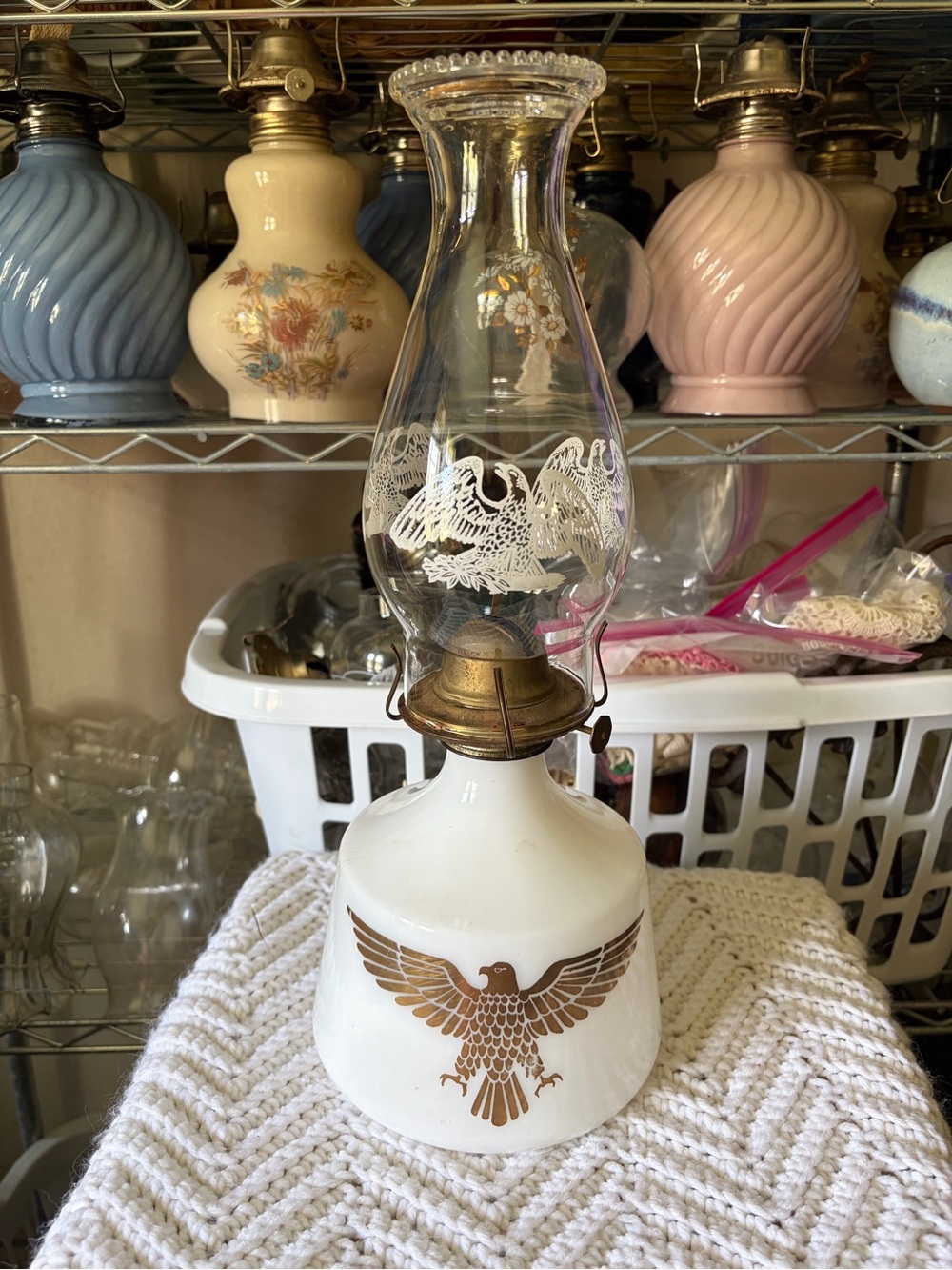 Vintage White Glass Hurricane Lamp with Gold Eagle Motif
